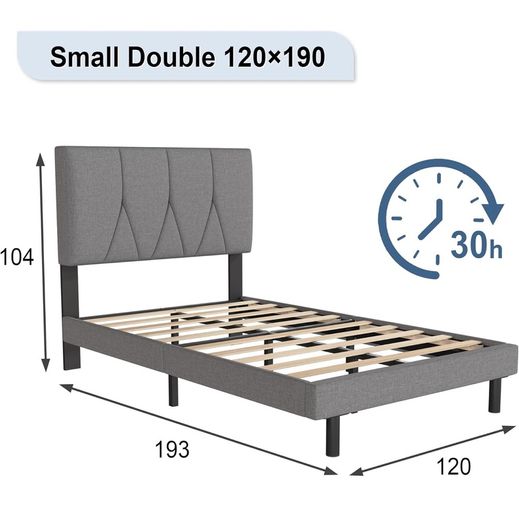 Small Double Bed Frame, Light Grey, Upholstered Wooden Slat Bed Frame with Headboard