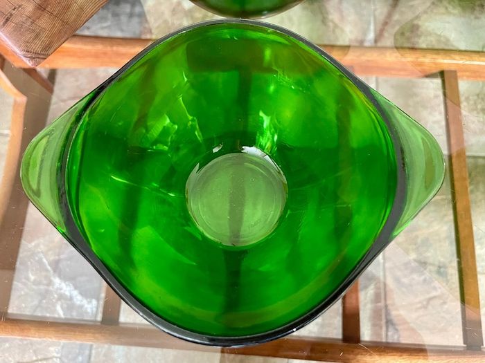 4 Stylish Vintage Vereco France Forest Green Clear Bowls with Tab Handles 1960 70s