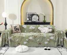 AB Sided Sofa Cover for 3 Seater Soft Non Slip Slipcover with Tassel, All Season Washable Couch Protector for Dogs, Decorative Futon  L Shaped Sofa Cover Green