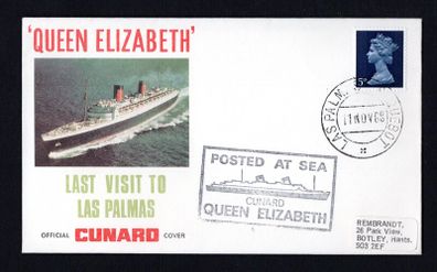 1968 Great Britain Cover Celebrating final visit to Las Palmas of Cunard Queen Elizabeth with  Las Palmas tying 5d definitive and posted at Sea cancel.