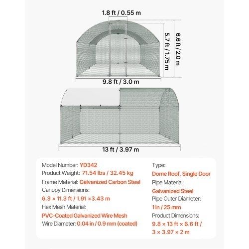 Large Metal Chicken Coop 3 x 3.97 x 2 m Walk-in Chicken Run House, Doom Roof Hen House Enclosure with Cover and Security Lock, Outdoor Duck Rabbit Cage Poultry Pen for Backyard, Farm, Yard Use