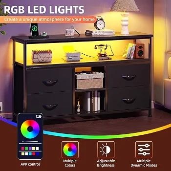110cm TV Stand, TV Cabinet with Power Outlets & LED Light, 4 Fabric Drawers TV Unit for TVs Up to 55 inch, Entertainment Center for Living Room, Bedroom, Black