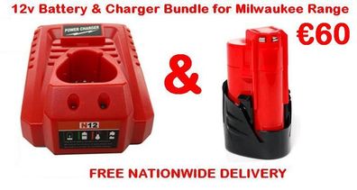 12v Battery & Charger Bundle for Milwaukee Range of Tools