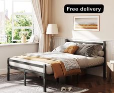 4ft6 Double Bed Frame with Headboard, Black Metal Bed Frame with Storage