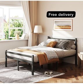 4ft6 Double Bed Frame with Headboard, Black Metal Bed Frame with Storage