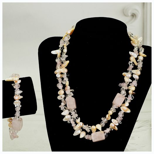 Vintage Two Strand Natural Rose Quartz Necklace & Bracelet