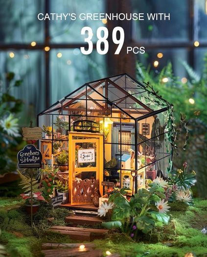 Greenhouse, DIY Miniature House Kits, Cathy's Flower House Advanced Level, 7.5 Hours, Wooden Dollhouse, Glue Free, Stress Relief Handmade Craft Kits, Birthday Gift for Women