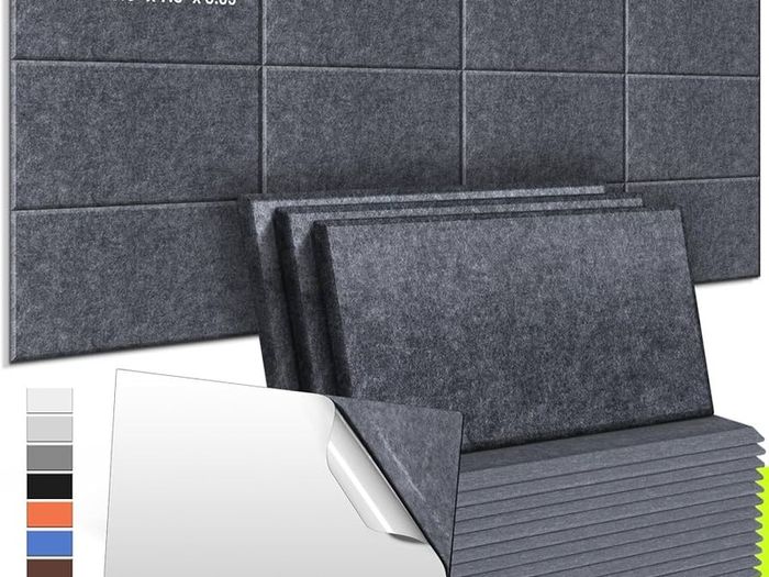 SPRING SALE | Acoustic Wall Panels 12 Pack 9 mm Thick Padded with Back Adhesive 34x20 cm Soundproof Insulation Panel Sound Absorbing Noise Reduction Panels for Office Door Walls, Dark Drey