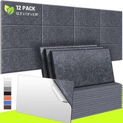 SPRING SALE | Acoustic Wall Panels 12 Pack 9 mm Thick Padded with Back Adhesive 34x20 cm Soundproof Insulation Panel Sound Absorbing Noise Reduction Panels for Office Door Walls, Dark Drey