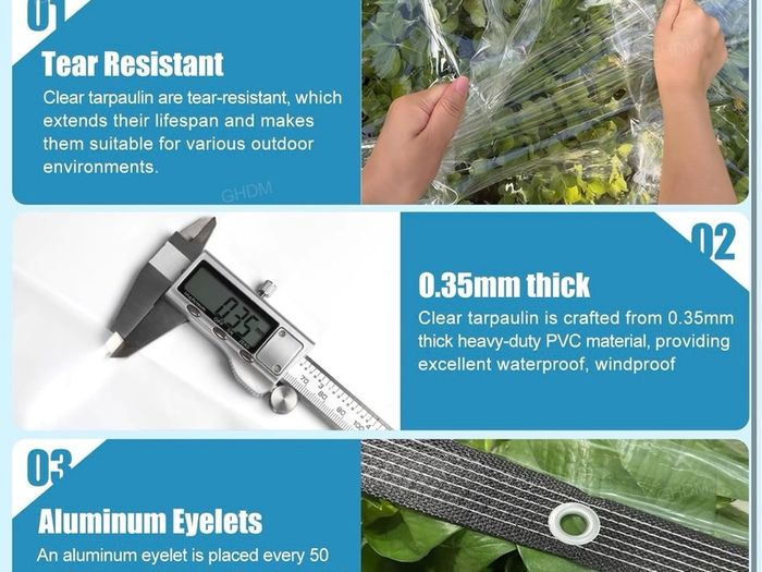 Clear Tarpaulin Waterproof Heavy Duty 2mx2m Sheet with Reinforced Edges & Eyelets Clear Tarpaulin PVC Transparent Tarpaulin for Chicken Coops Greenhouses Gardens & Outdoor Roof Protection