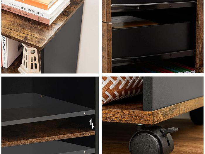_3-Drawer Unit, Office Storage Unit with Open Compartments, Sideboard, for A4 Format, Documents, Printer Stand, Industrial Style, Rustic Brown and Black