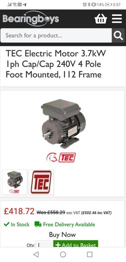 TEC Electric Motor 3.7kW 1ph Cap/Cap 240V 4 Pole Foot Mounted, 112 Frame