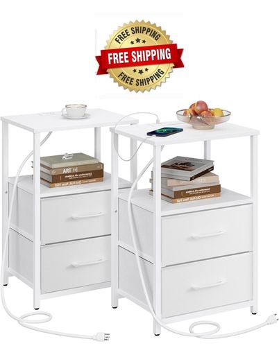 Bedside Table with Charging Station, Side Table with 2 USB Ports and Outlets, Nightstand with Cloth Drawer, Set of 2, End Table, White