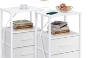 Bedside Table with Charging Station, Side Table with 2 USB Ports and Outlets, Nightstand with Cloth Drawer, Set of 2, End Table, White