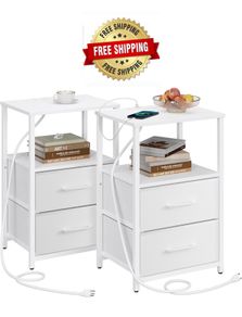Bedside Table with Charging Station, Side Table with 2 USB Ports and Outlets, Nightstand with Cloth Drawer, Set of 2, End Table, White