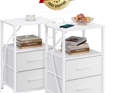 Bedside Table with Charging Station, Side Table with 2 USB Ports and Outlets, Nightstand with Cloth Drawer, Set of 2, End Table, White
