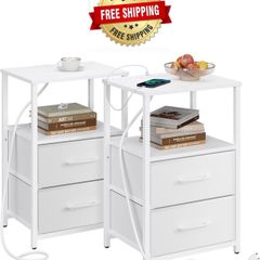 Bedside Table with Charging Station, Side Table with 2 USB Ports and Outlets, Nightstand with Cloth Drawer, Set of 2, End Table, White