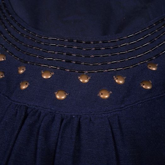 Per Una Navy Blue Linen Embellished Scoop Neck Chiffon Flutter Sleeve Midi Dress 14UK/42EU