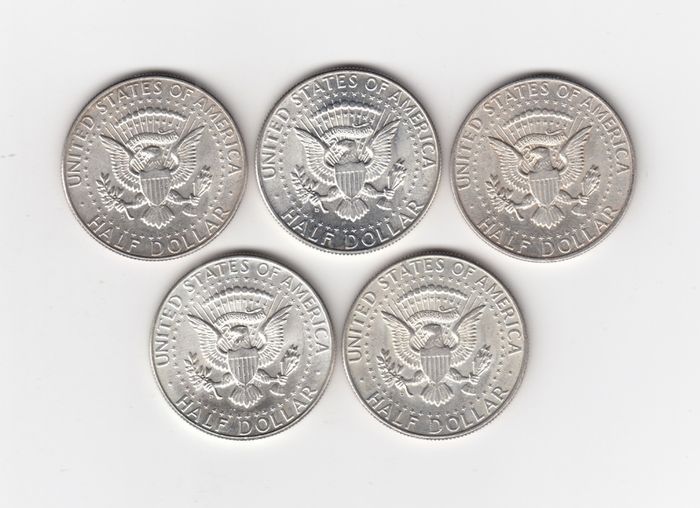 USA, 5 x Kennedy Half Dollar 90% silver coins (no.G18)