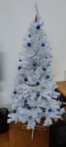 White Christmas Tree + blue Christmas baubles