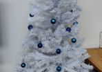 White Christmas Tree + blue Christmas baubles