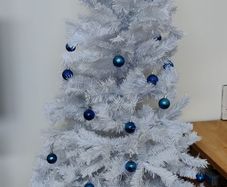 White Christmas Tree + blue Christmas baubles