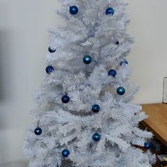 White Christmas Tree + blue Christmas baubles