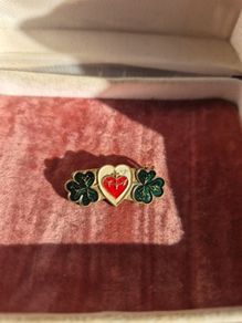 1920s Antique Brass & Enamel Sacred Heart Shamrock Brooch
