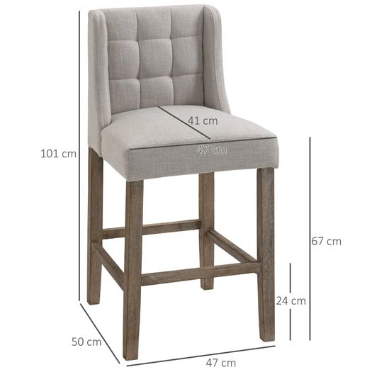 Set of 2 Bar Stools with Button Tufting, Solid Wood, incl. Footrest, 47 cm x 50 cm x 101 cm, Gray + Natural