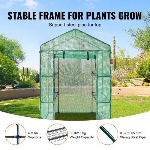 4.6 x 2.4 x 6.7 ft Greenhouse with Shelves, Set Up in Minutes, High Strength PE Cover with Doors & Windows and Steel Frame, Suitable for Planting and Storage, Green