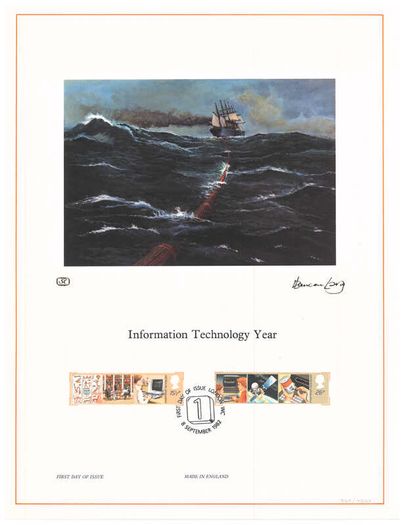1982 Great Britain Information Technology Year Commemorative stamps with First Day of Issue Cancel Limited Edition Lithographed Print measuring 333mm X 257