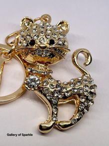Created Black & White Austrian Crystal Cat Keychain In Yellow Gold Tone