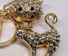 Created Black & White Austrian Crystal Cat Keychain In Yellow Gold Tone