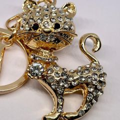 Created Black & White Austrian Crystal Cat Keychain In Yellow Gold Tone