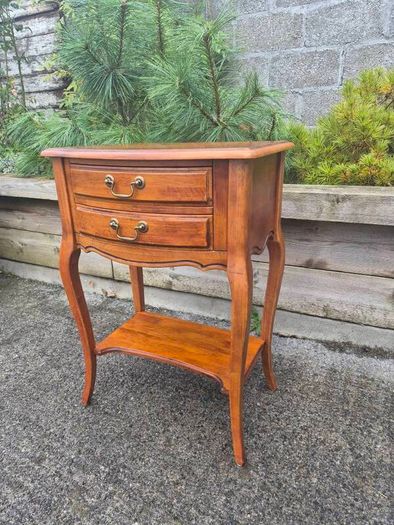vintage French Provincial or Louis XV-style wooden bedside table/side chest featuring two drawers, cabriole legs, and a lower open shelf