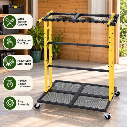 Heavy Duty Garden Tool Organiser with Wheels  Mobile Steel Storage Rack for Rakes, Shovels & Long Handled Tools