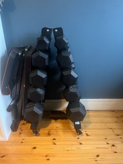 dumbells, rack and bench