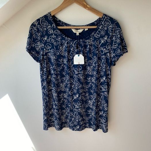 BNWT Seasalt Cornwall Navy Blue White Botanical Leaf Appletree T-Shirt Top