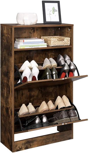 Shoe cabinet with 2 flaps, shoe rack, shoe tipper, shoe chest with 2 compartments, shoe racks, in the hallway, for 8-12 pairs of shoes, space-saving, 60 x 30 x 95 cm, vintage brown-black