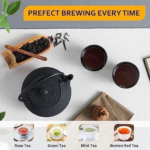 Iron Teapot set, Traditional Japanese Tetsubin Tea Kettle Cast Iron Teapot with Stainless Steel Infuser, Antique Small Dot Design, 2 Iron Cups and Trivet Stand Tray, 700ML/ 24OZ