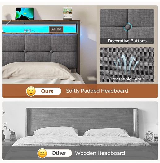 King Size Bed Frame 150x200 with Storage Upholstered Bed Frame with LED Lights & Charging Station Upholstered Storage Headboard/Under Bed Storage Noise Free
