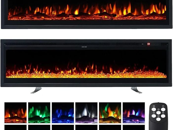 3 IN 1 Electric Fire 152cm/60" Wall Mounted/Recessed/Freestanding Electric Fireplace with Remote & Touch Screen Control 12 LED Color Flame Effect, 2 Heat Power 900W&1800W
