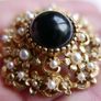 Vintage Victorian revival gold  layered domed brooch with black glass and faux pearls Image 7