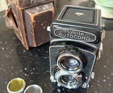 Minolta Autocord twin-lens reflex (TLR) medium-format camera from the 1950s with the desirable Rokkor 75mm f/3.5 lens.