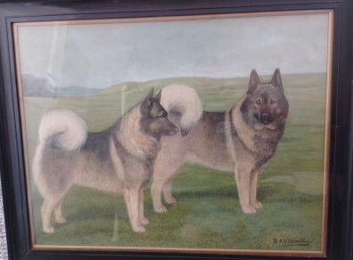 Antique R.A.V Hamilton Norwegian elkhounds oil painting signed kennel club very collectible