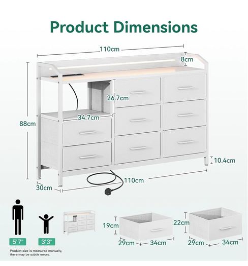 Black Chest of Drawers Bedroom, with LED Light trip with 10 Adjustable Colors and 2 USB and 2 AC Outlets, Includes 8 Large Fabric Drawers, Suitable for Bedroom, Living Room, 110 x 30 x 88, White