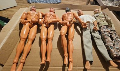 3 Power Team Action Figures plus 2 similar figures plus loads of clothes and accessories mixed lot