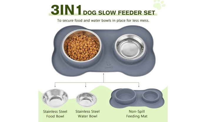Pecute Dog Bowls Non Slip, Stainless Steel Double Bowls Set with Non-Spill Silicone Mats Tray.