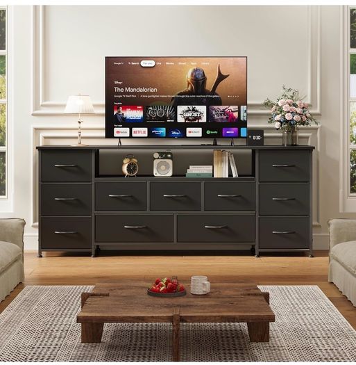 Tv Cabinet, Dresser for Bedroom with 11 Fabric Drawers, TV Stand with Power Socket for TVs up to 70 inchTV Units for Living Room, Bedroom, Black