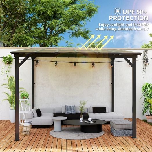 3 x 3(m) Metal Pergola with UPF 50+ and Waterproof Polycarbonate Roof, Wall-Mounted or Free Standing Garden Gazebo, Wind-resistant Outdoor Sun Shade, Dark Grey